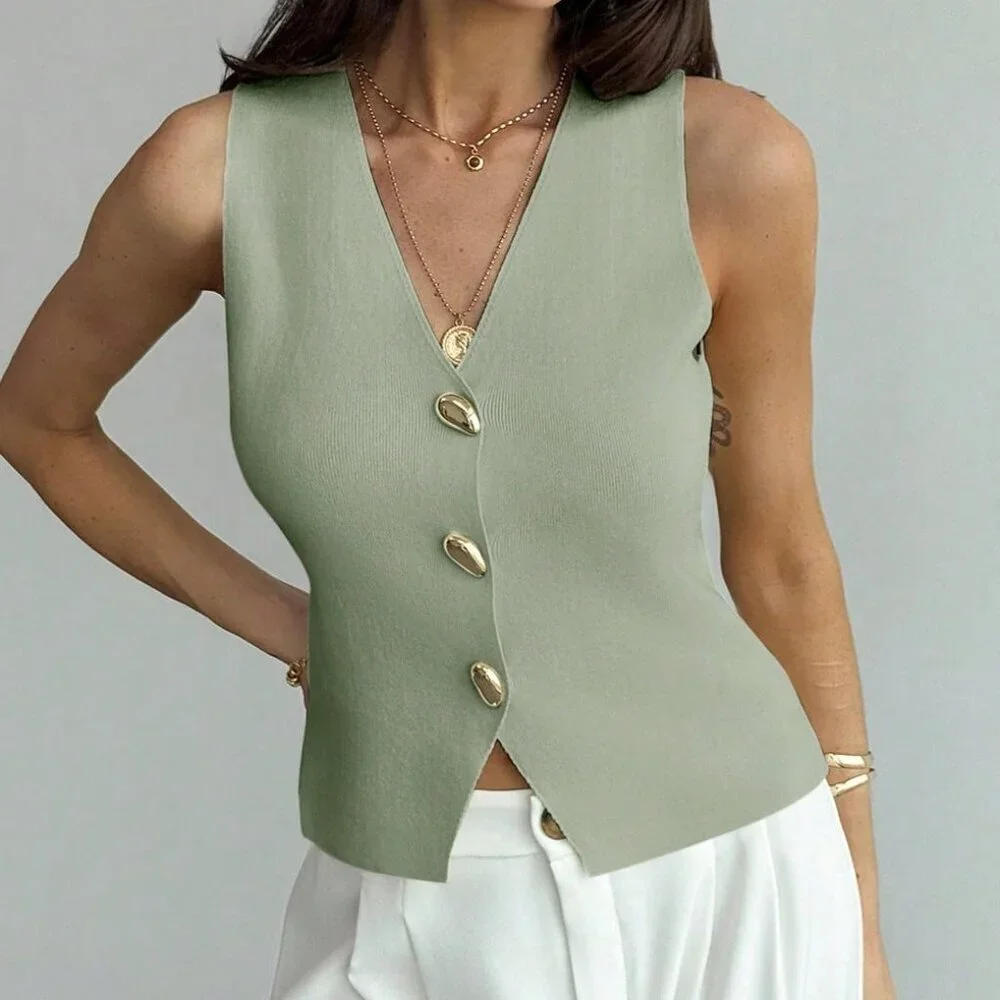 Green Casual Women's Front Button Tank Top